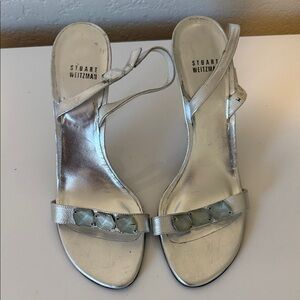 Stuart Weitzman Silver Jeweled Strap Slingback Sandals
